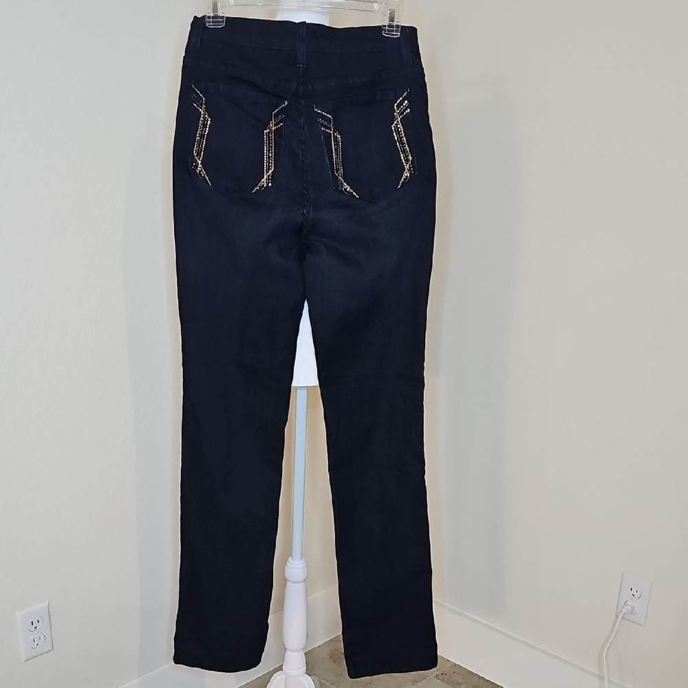NYDJ Size 8 Dark Blue Denim Rhinestone Gold Stud Pocket Detail